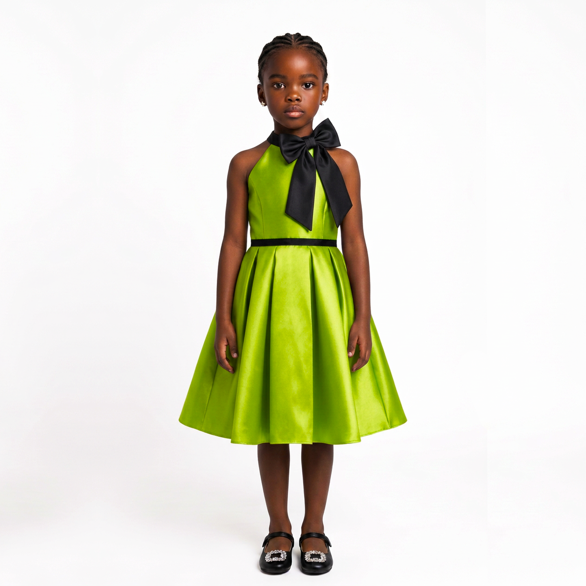 A young girl modeling a bright lime green halter dress with a large black bow at the neckline and a thin black waistband, paired with black Mary Jane shoes, against a plain white studio background.