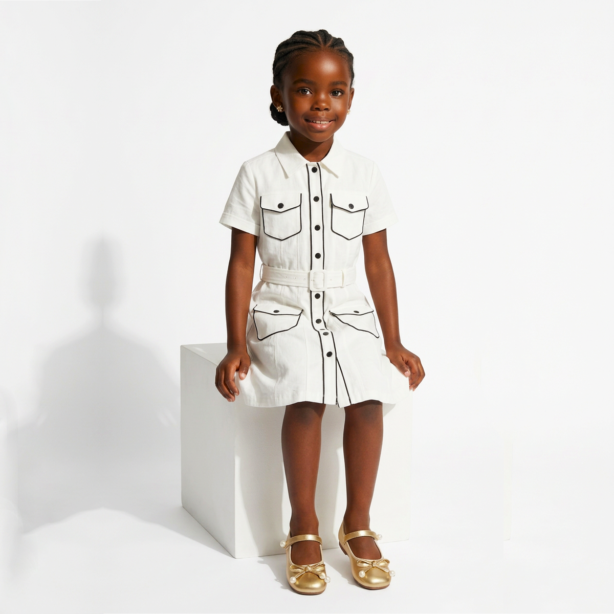 A young girl stands on a white pedestal wearing a white short-sleeve button-front shirt dress with black contrast stitching and gold flat sandals against a white studio background.