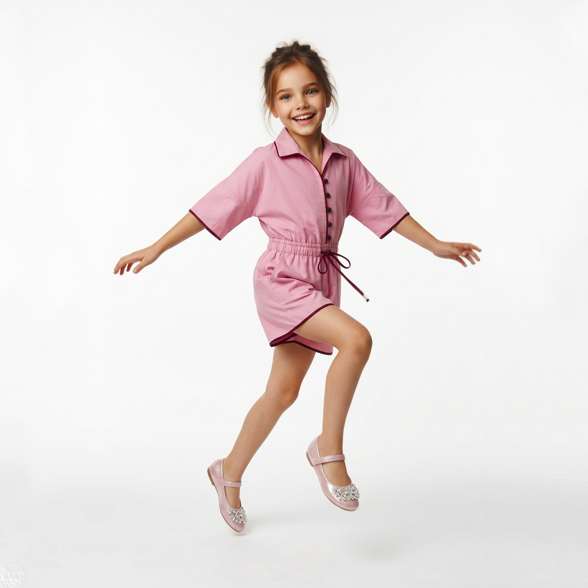 A young girl smiling and jumping in a pink short-sleeve collared romper with dark pink trim, photographed against a clean white studio background.