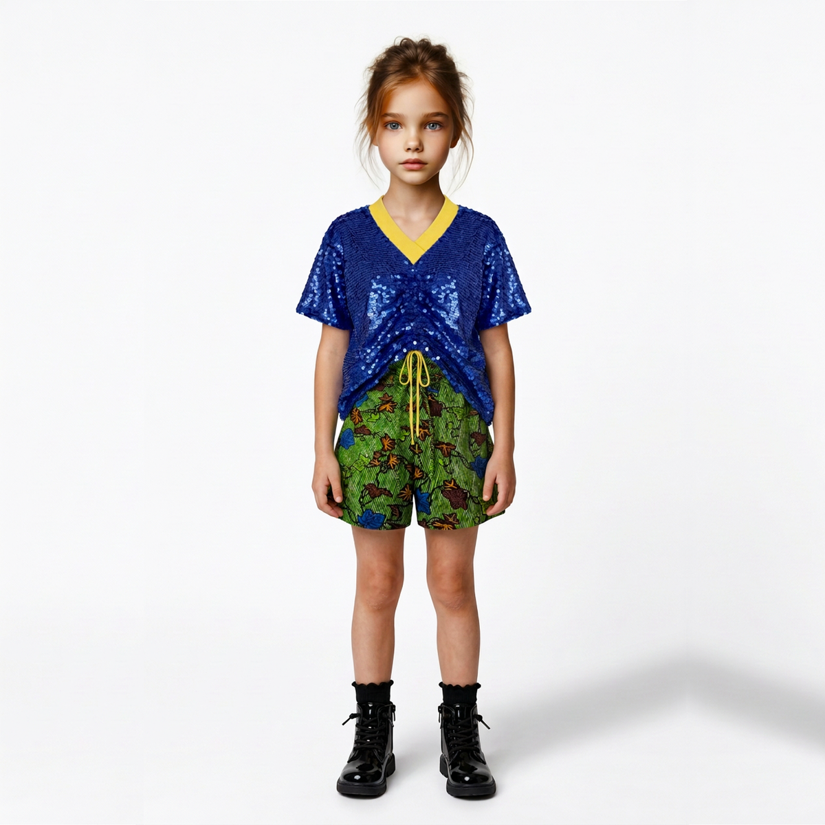 A young girl stands against a light gray studio background wearing a short-sleeve sequined blue top with a yellow V-neck trim and green patterned shorts with a yellow drawstring, paired with black lace-up boots.
