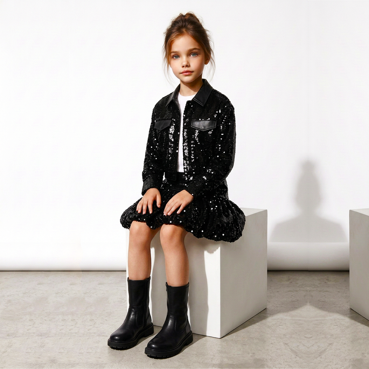 A young girl sits on a white cube in a minimalist studio setting, wearing a black sequined jacket and matching skirt over a white top, paired with black ankle boots.
