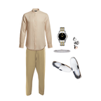 Beige shirt and pants with accessories on a white background