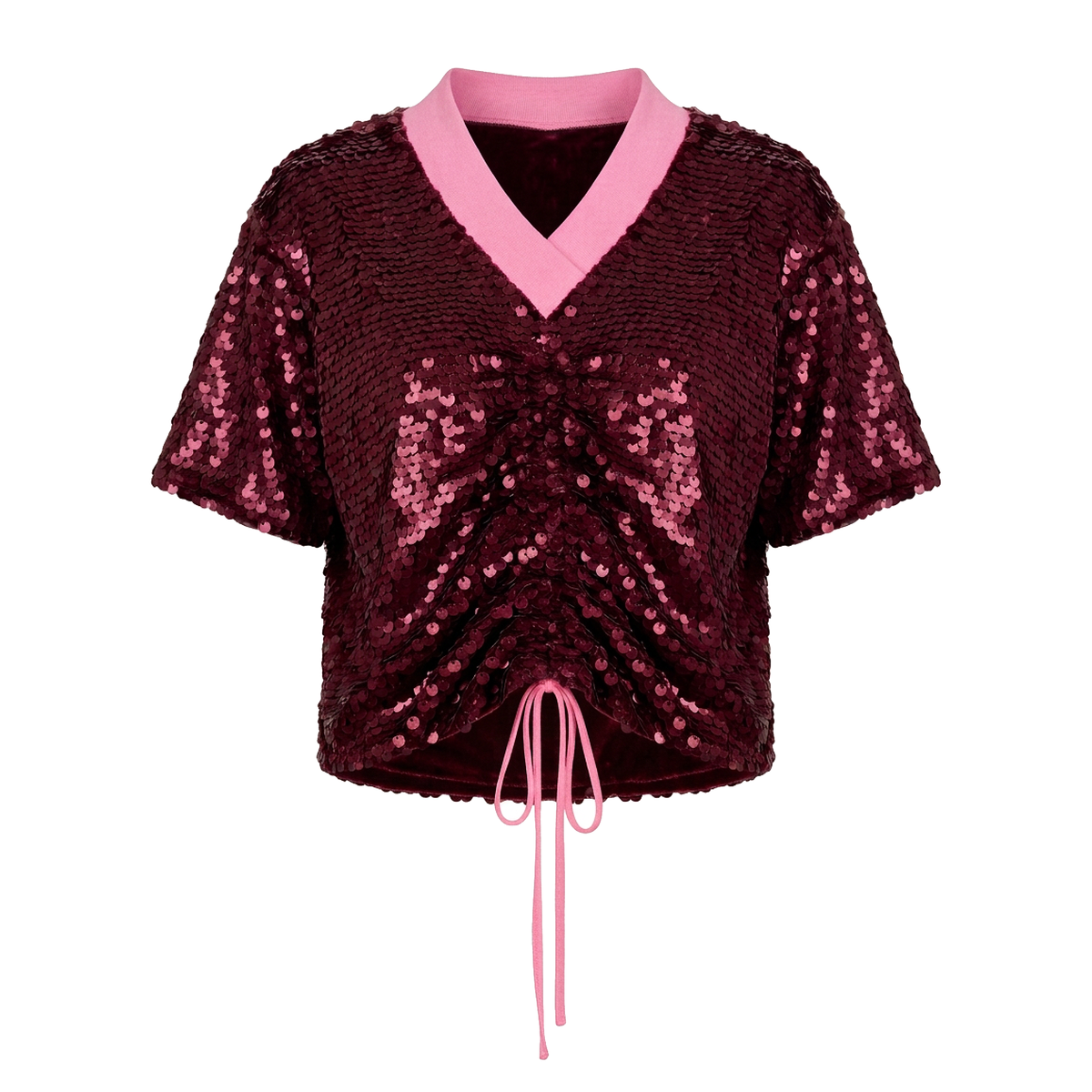 A short-sleeve sequined crop top in deep burgundy with a contrasting light pink V-neck collar and matching pink drawstring ties at the front hem, shown against a plain white background.