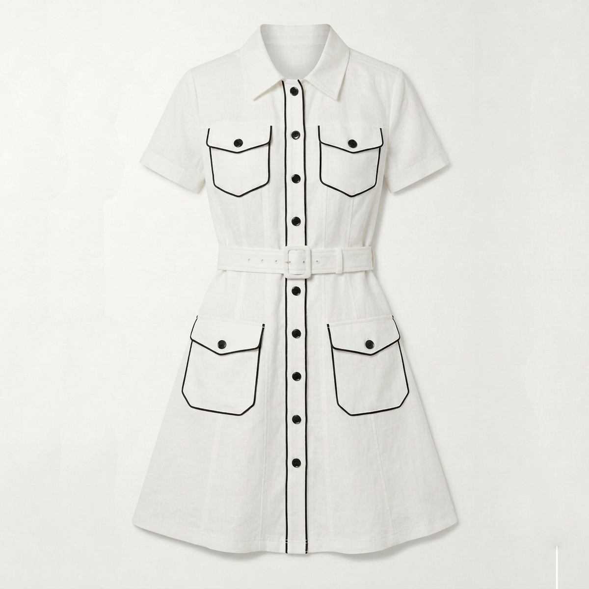 A white short-sleeve collared shirt dress with black embroidered pocket outlines, a button front, and a matching belt, shown on a plain light background.