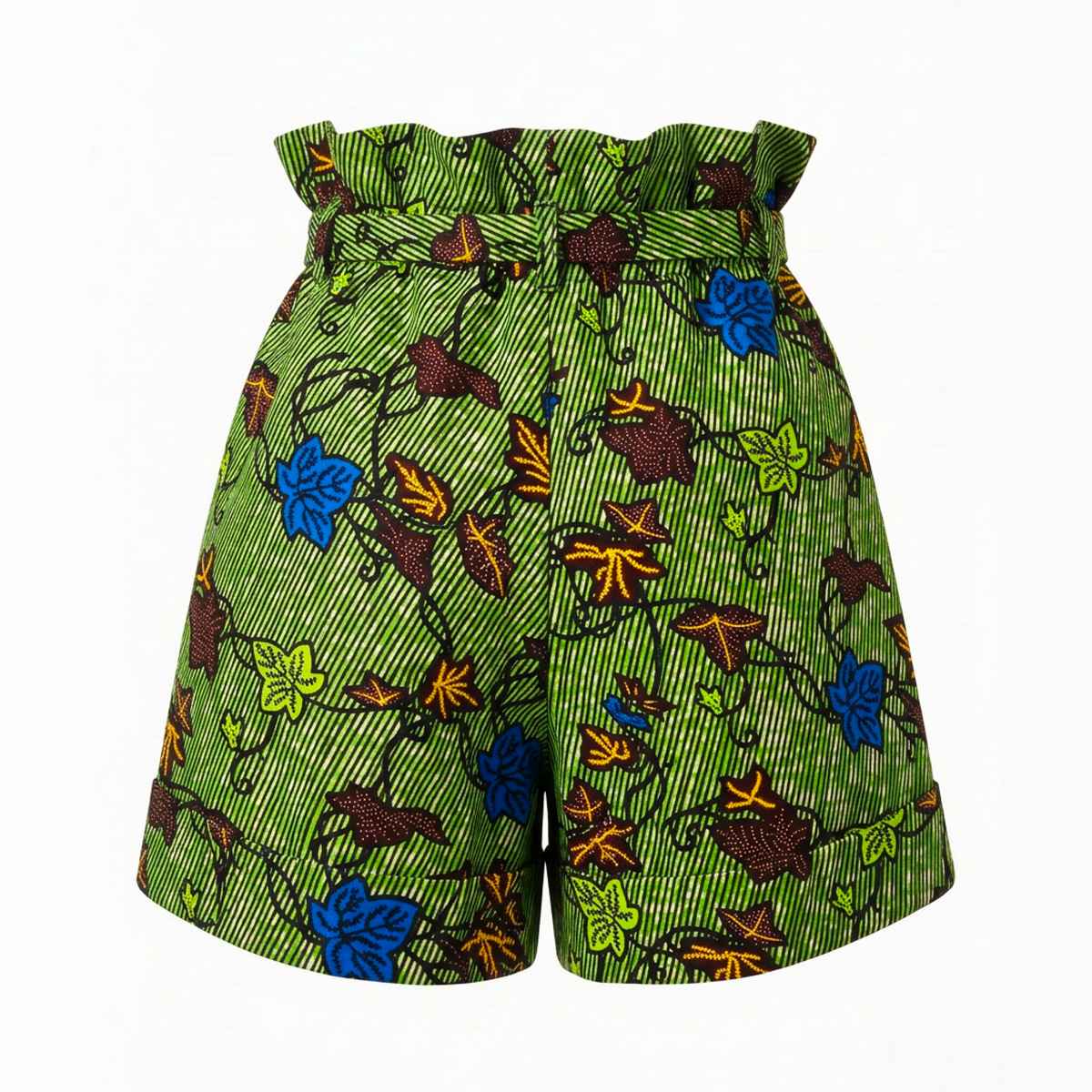 Green high-waisted shorts with a floral and vine pattern in blue, brown, orange, and yellow, featuring a ruffled paperbag waistband.