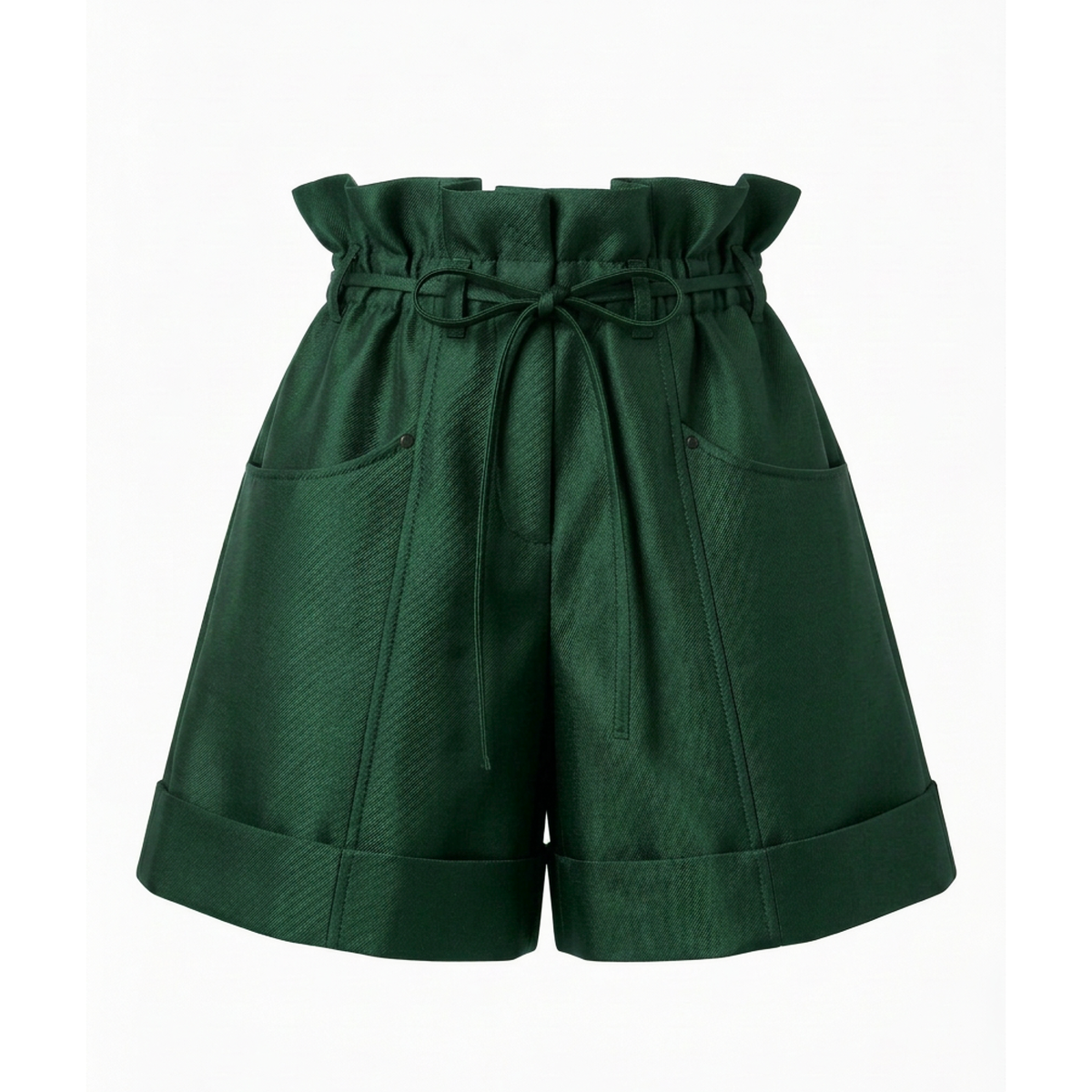 Dark green high-waisted shorts with a paperbag waist, drawstring, and side pockets, shown against a plain white background.