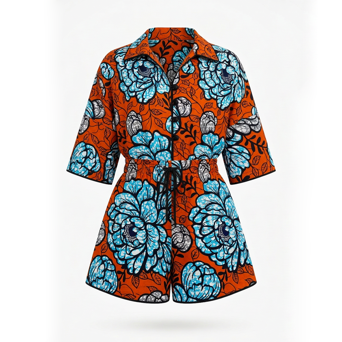 A short-sleeve collared romper with a vibrant orange background and a bold blue, black, and gray floral print, featuring a drawstring waist.