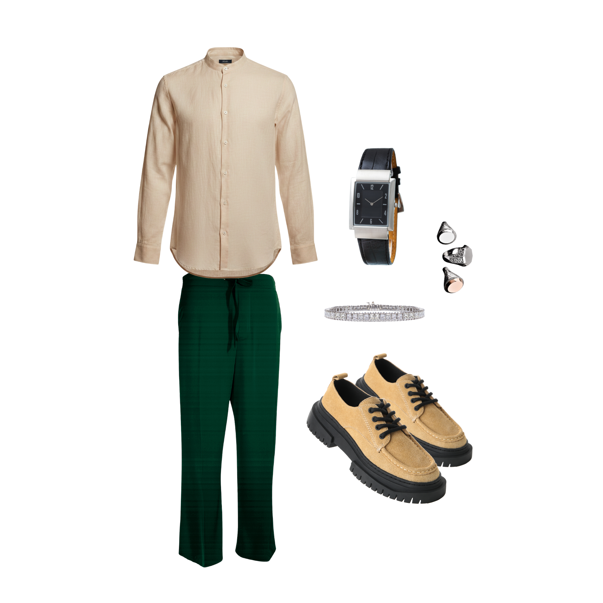 Man's outfit with beige shirt, green pants, tan shoes, watch, and accessories on a white background