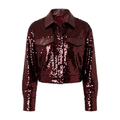 A cropped long-sleeve jacket covered in dark burgundy sequins, featuring contrasting dark burgundy leather-like collar, chest flap pockets, and matching cuffs, shown on a plain white background.