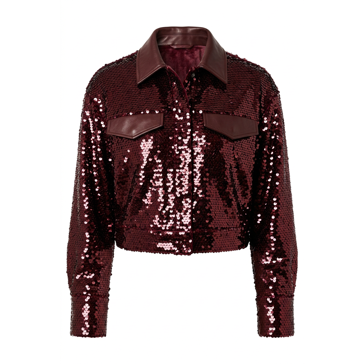 A cropped long-sleeve jacket covered in dark burgundy sequins, featuring contrasting dark burgundy leather-like collar, chest flap pockets, and matching cuffs, shown on a plain white background.