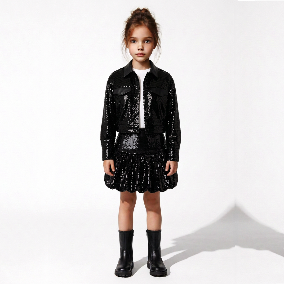 A young girl stands against a white studio background wearing a black sequined jacket and matching pleated skirt over a white top, with black boots.
