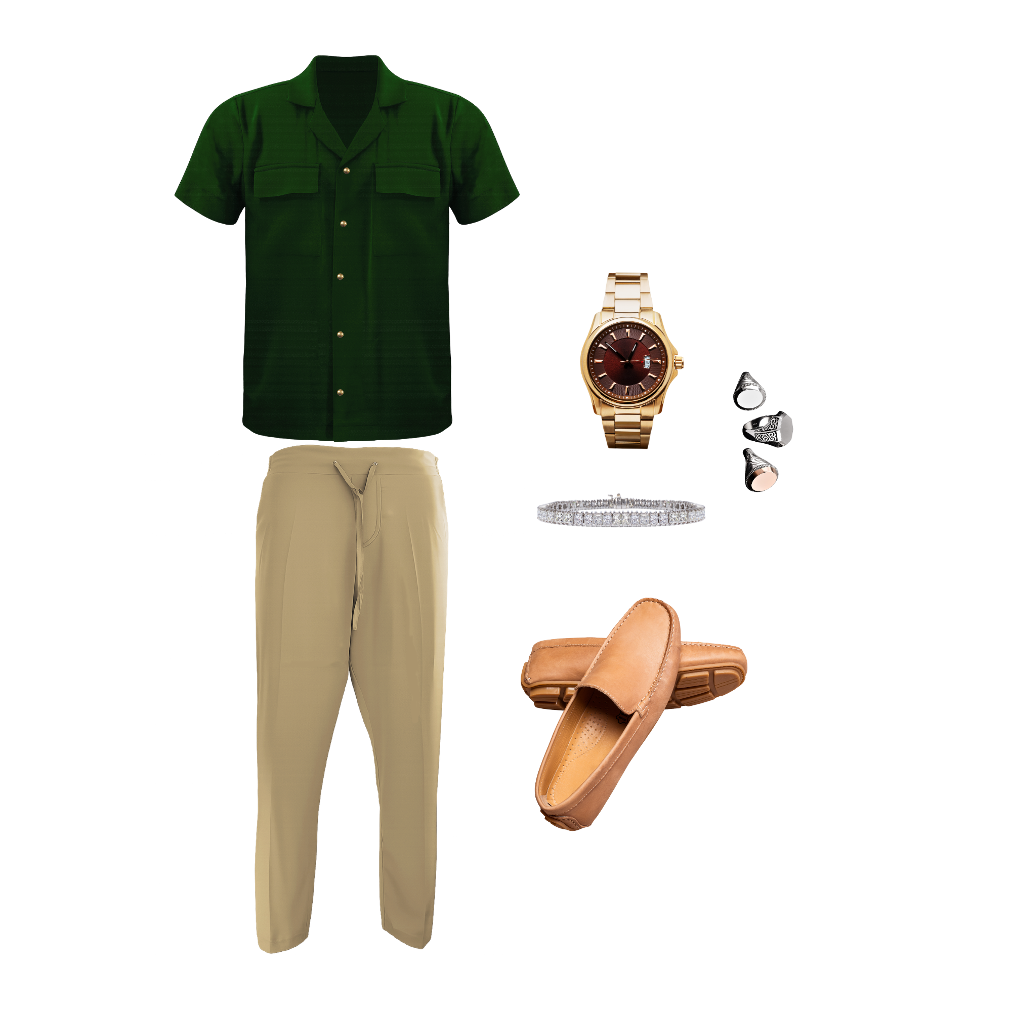 Green shirt, beige pants, tan sandals, gold watch, silver bracelet, and earrings on a white background