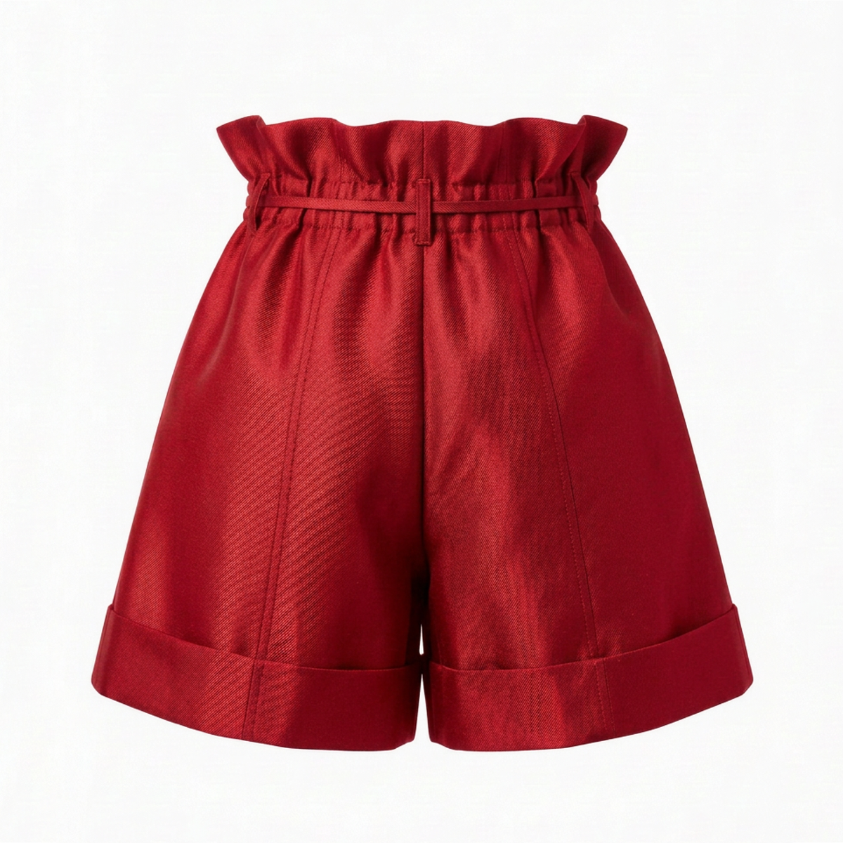 Red high-waisted shorts with a paperbag waistband and rolled cuffs, shown against a plain white background.