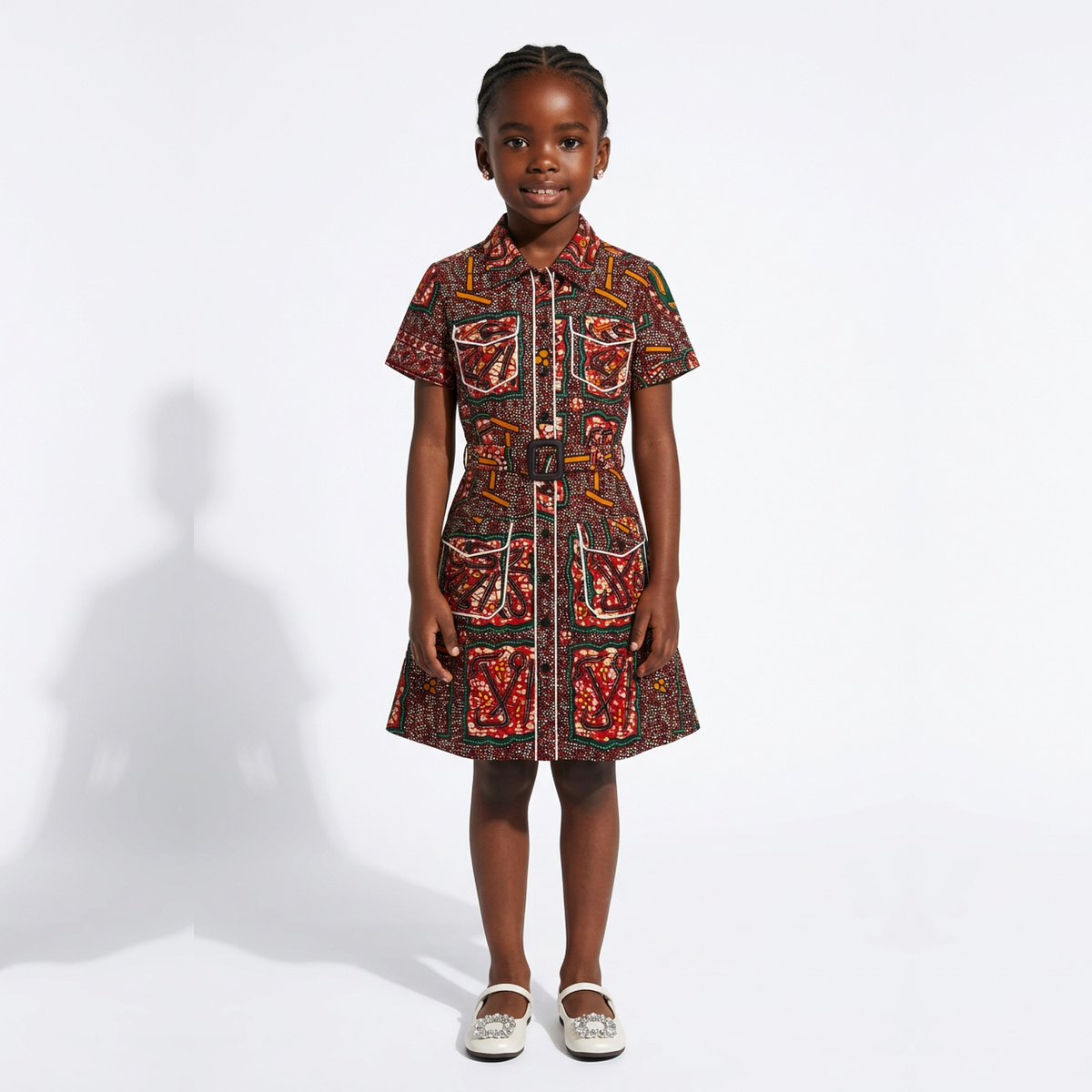 A young girl stands against a white studio background wearing a short-sleeve collared dress with an intricate red, orange, and brown patterned print. She is wearing white flat shoes, and her shadow is cast on the left side of the background.