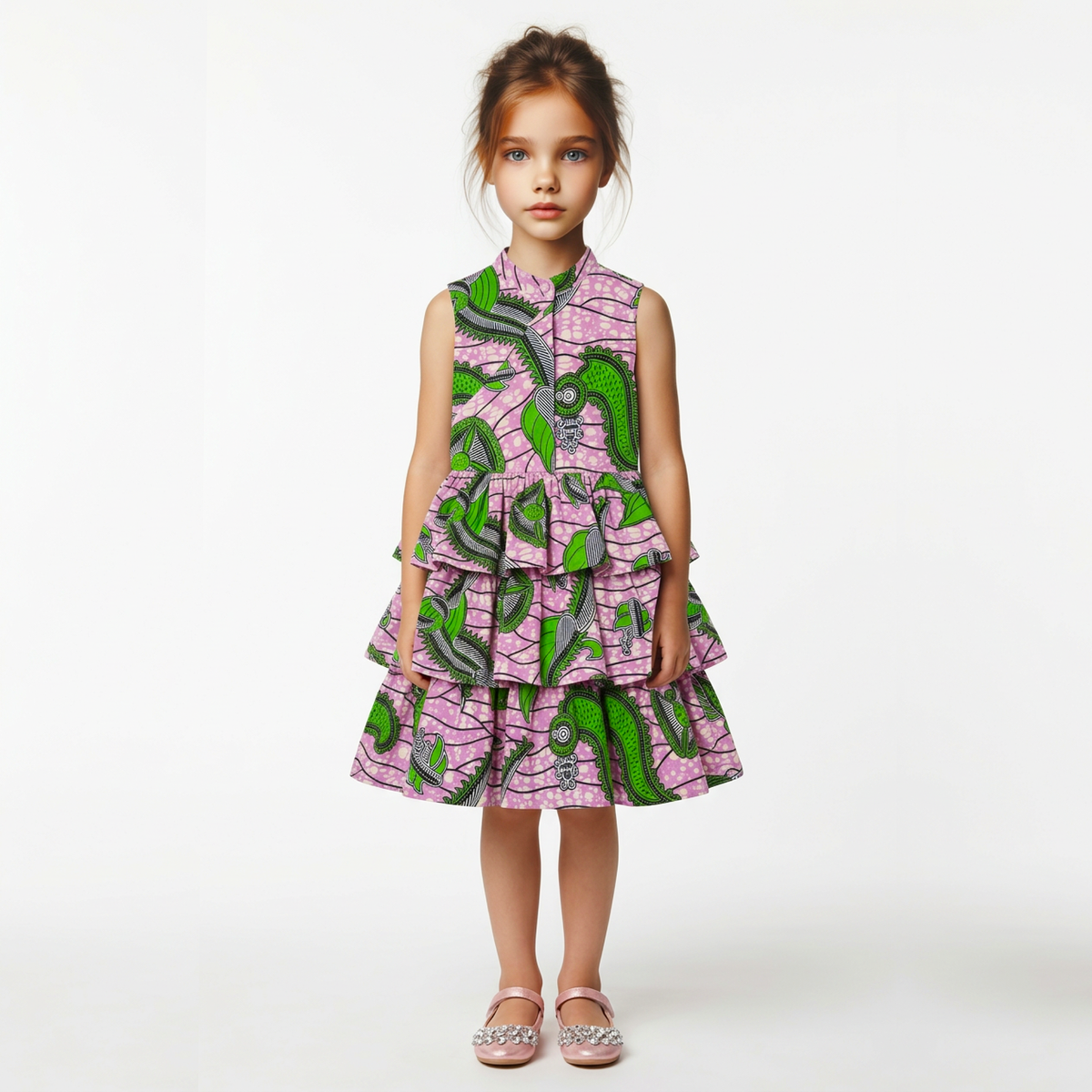 A young girl stands against a plain white studio background wearing a sleeveless tiered dress with a pink and green abstract print, along with sparkly pink shoes.