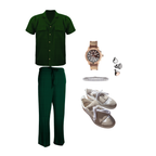 Green shirt and pants with accessories on a white background