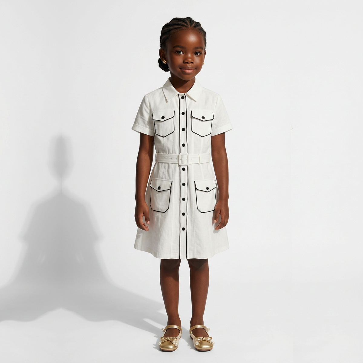 A young girl stands against a white studio background wearing a white short-sleeve button-front dress with black piping and flap pockets, paired with metallic gold flats.