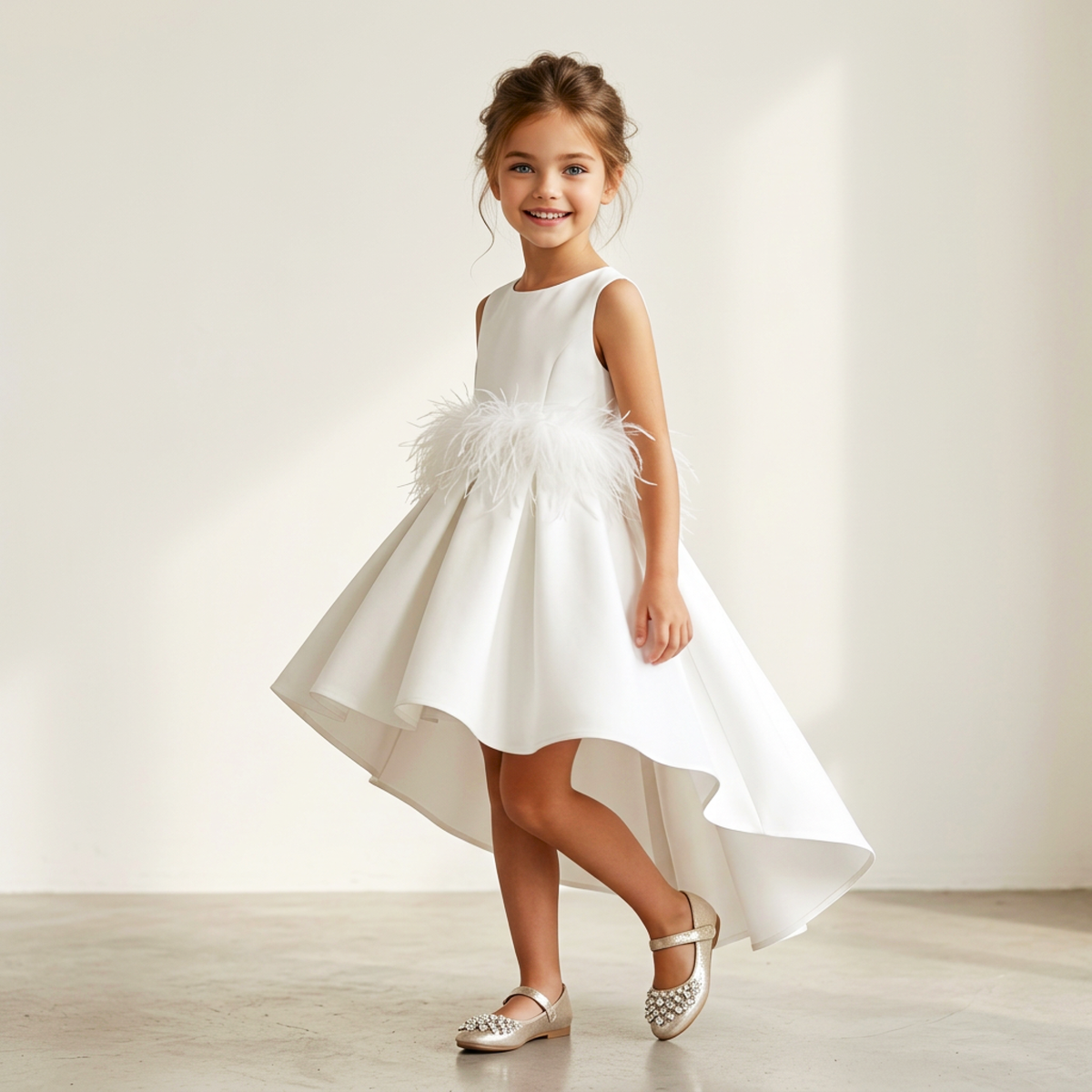 A young girl stands in a bright indoor setting wearing a sleeveless white high-low dress with a feathered waistband and silver embellished flats.