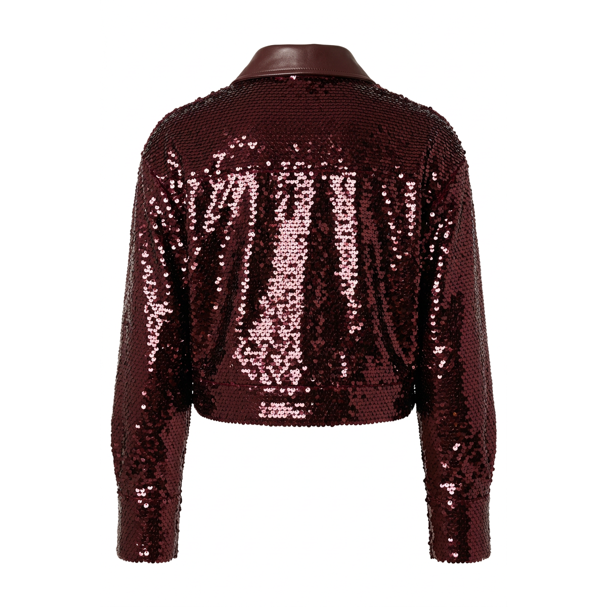 A cropped long-sleeve jacket covered in dark burgundy sequins, shown from the back against a plain white background.