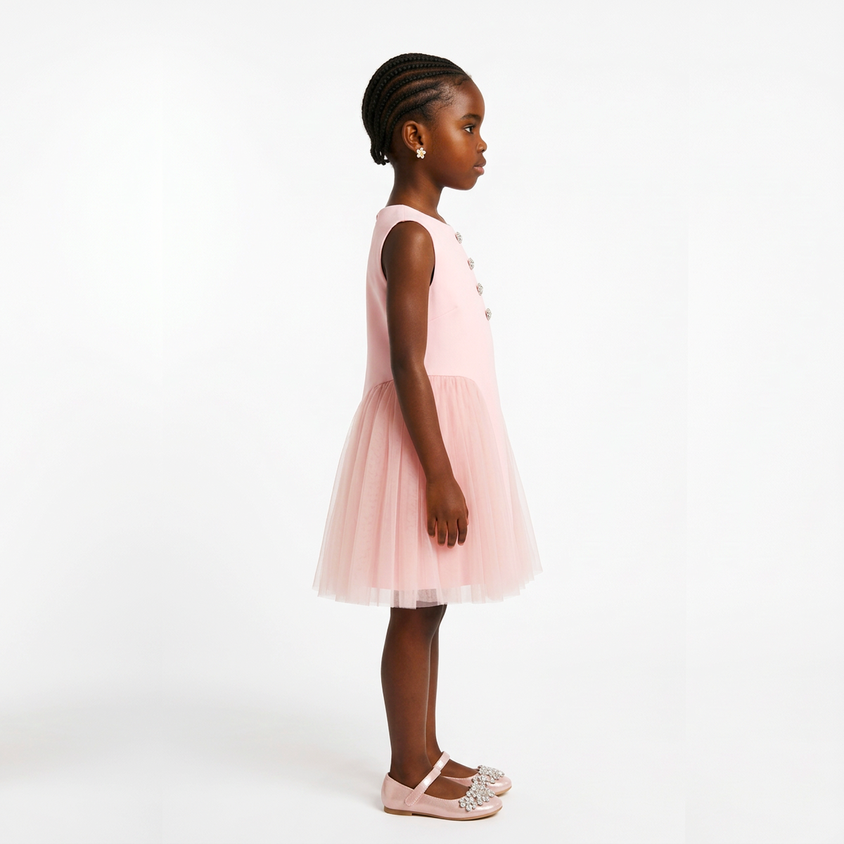 Maya Girls' Button-Detail Tulle Panel Dress