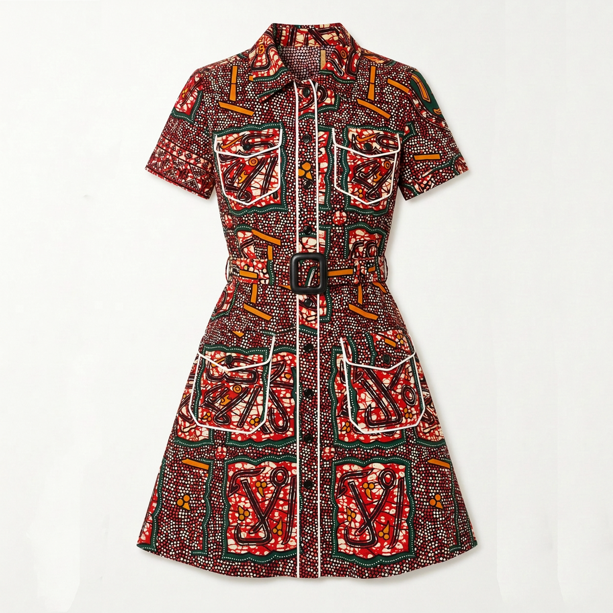 A short-sleeve collared shirt dress with a button front and a matching tie belt, featuring a bold multicolor African wax print pattern in red, black, white, green, and orange on a white background.