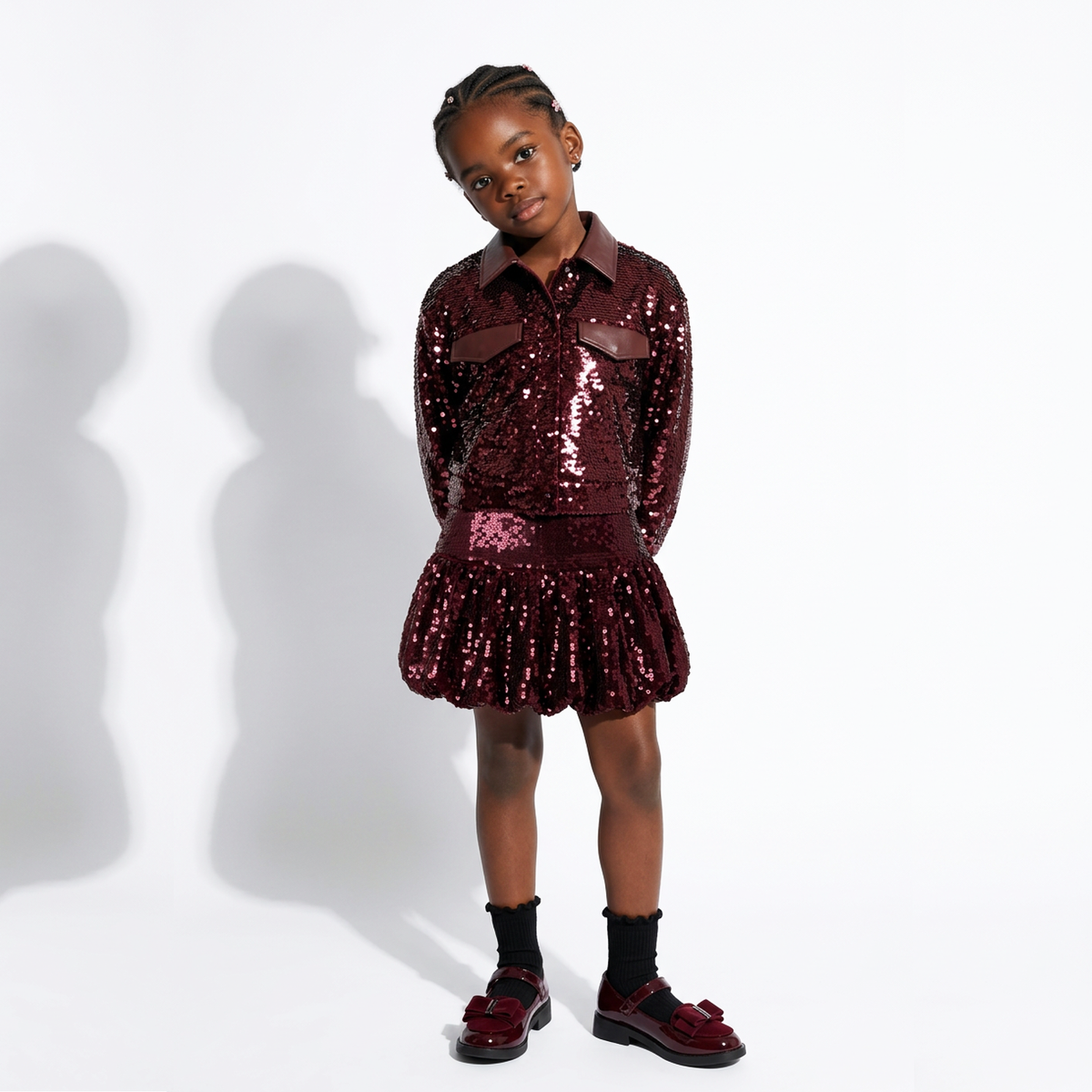 A young girl modeling a sparkling burgundy sequined long-sleeve collared dress with a ruffled skirt, paired with black socks and burgundy shoes, standing against a white studio background.