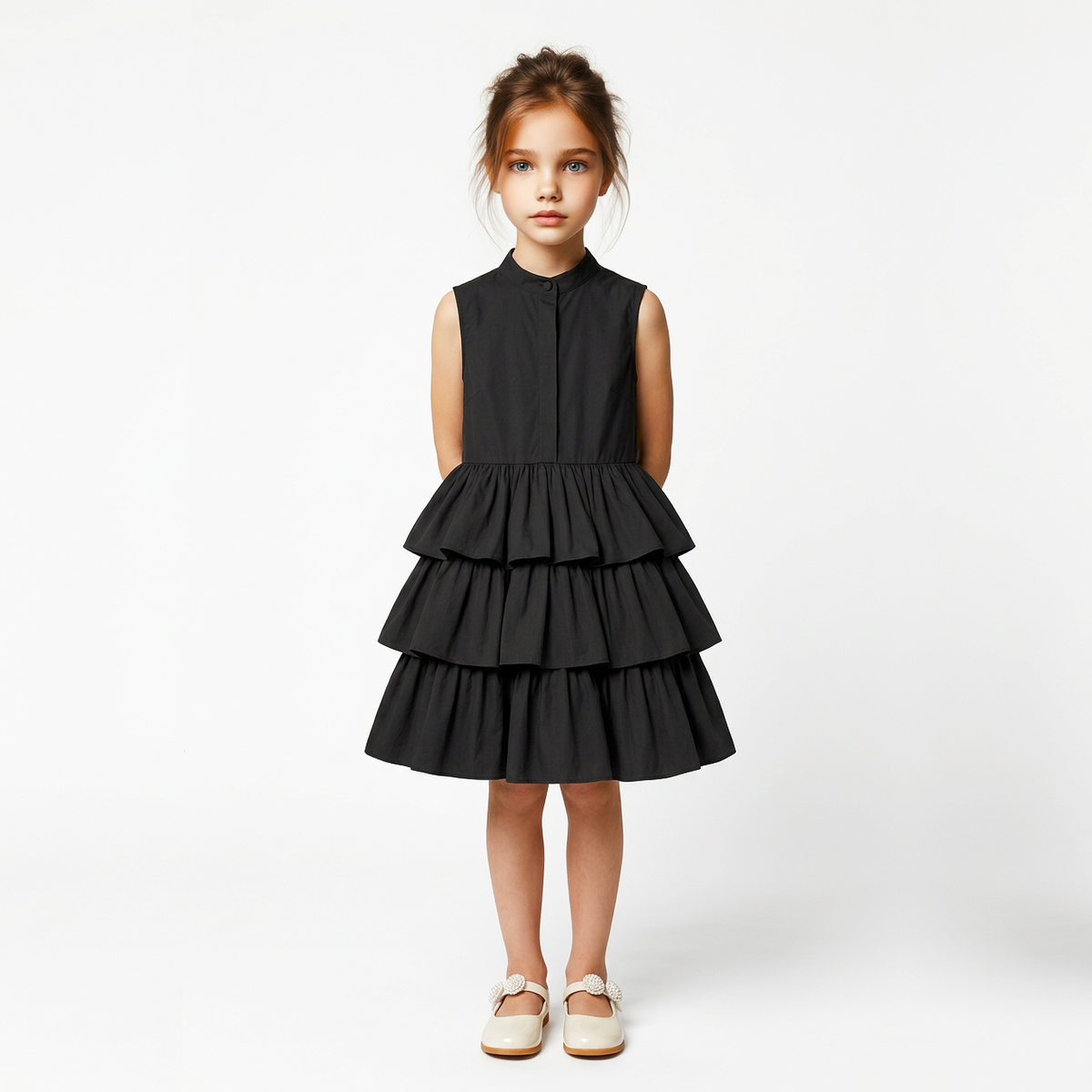 A young girl stands against a plain white studio background wearing a sleeveless black dress with a high mock neck and a tiered ruffle skirt, paired with light beige Mary Jane shoes.