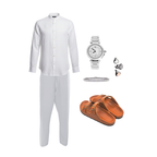 White outfit with a watch, shoes, and jewelry on a white background