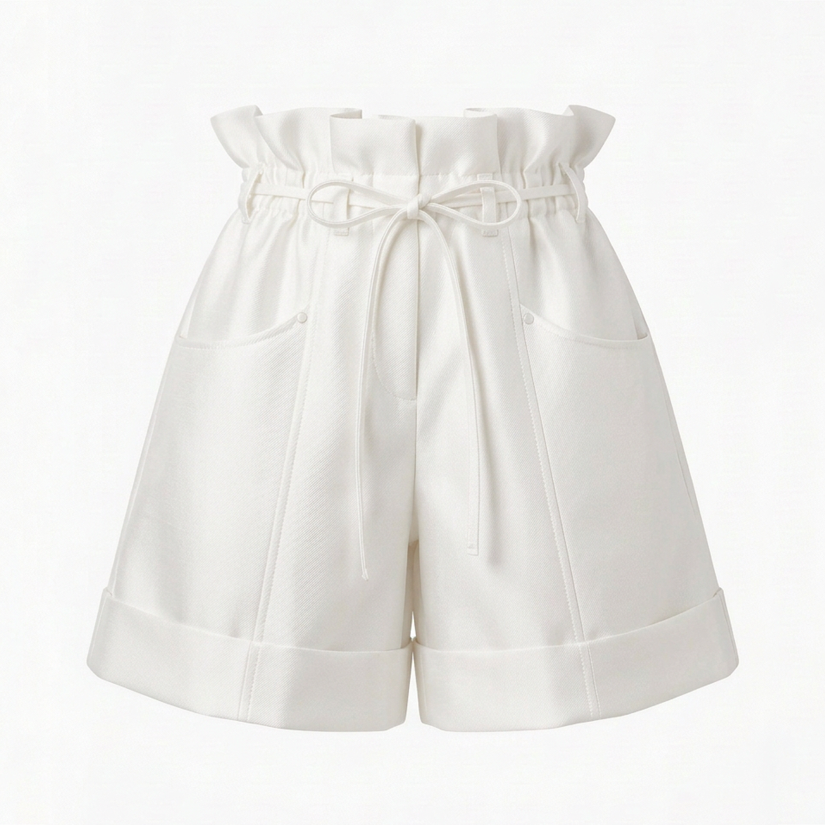 White high-waisted shorts with a paperbag waist, drawstring tie, and front patch pockets, shown on a plain white background.