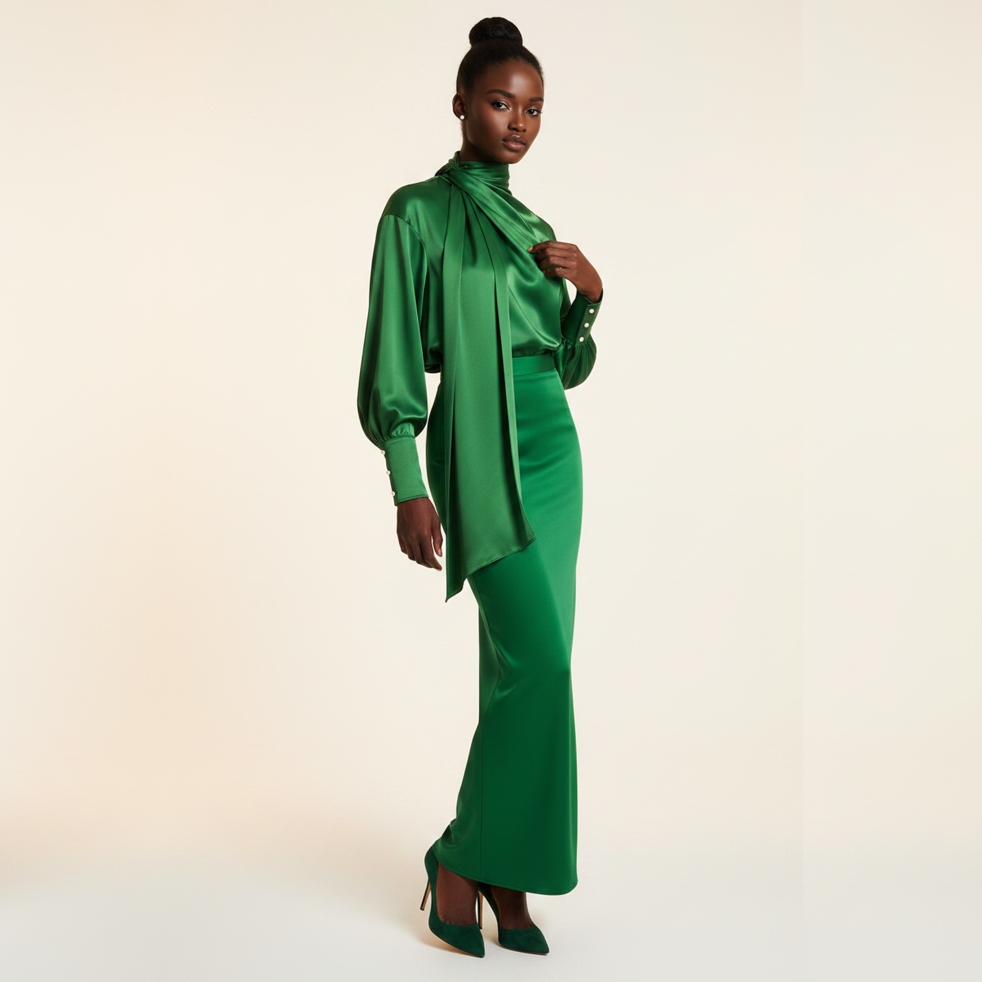 Woman wearing a green outfit with a long scarf on a beige background