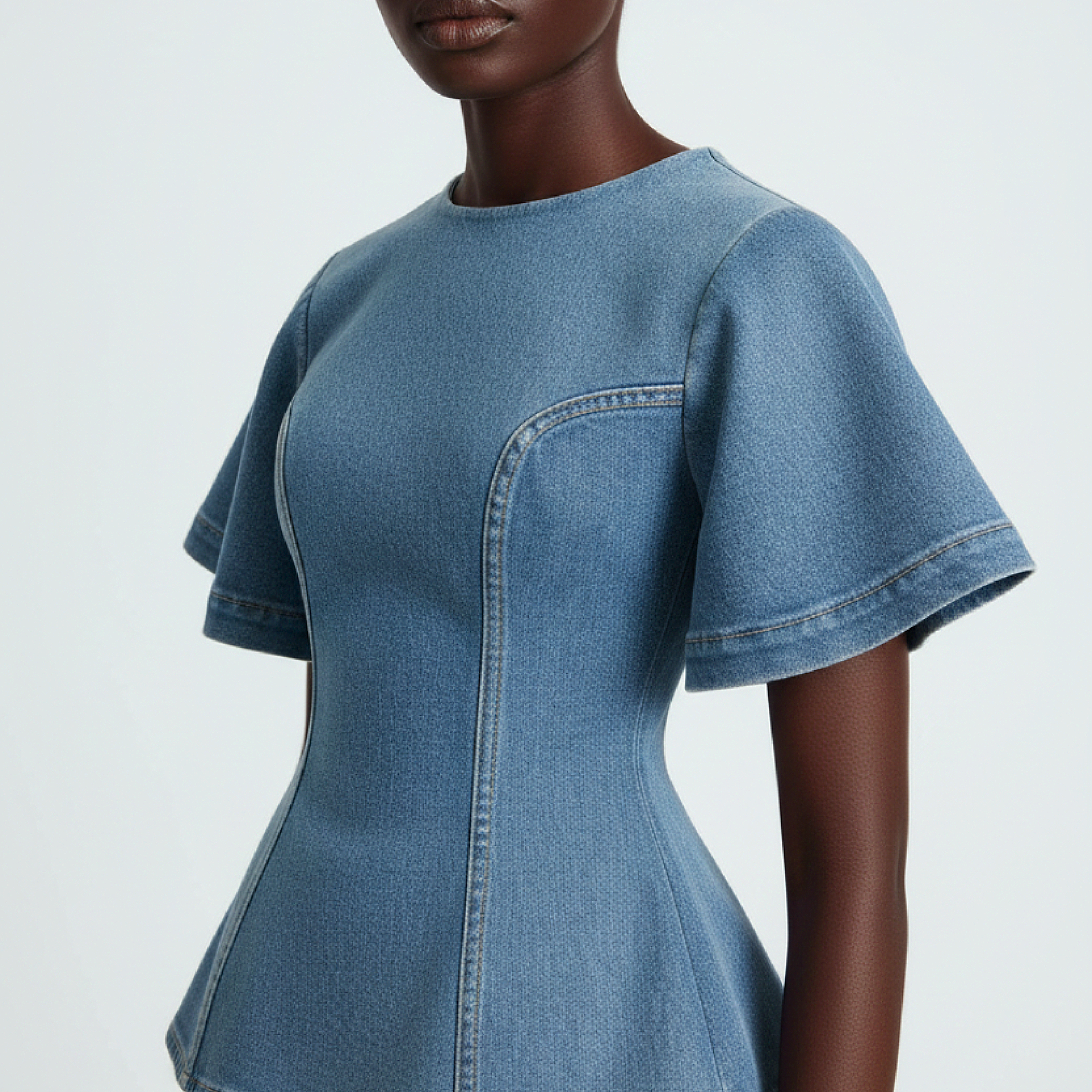 Blue denim dress worn by a model on a light gray background