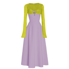 Purple dress with green long sleeves on a white background