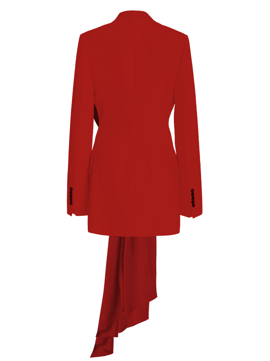 Red coat with a draped skirt on a white background