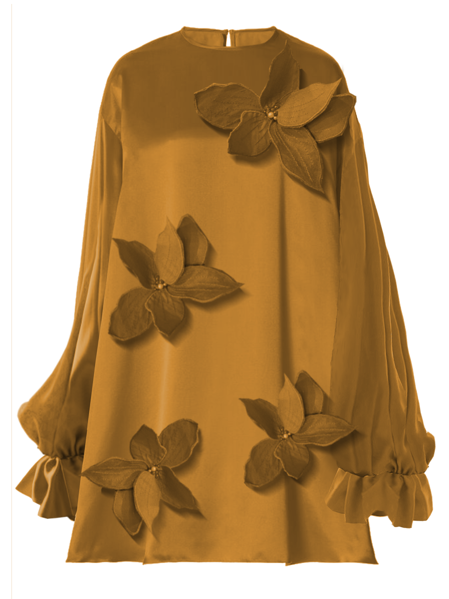 Brown blouse with floral appliqués on a white background