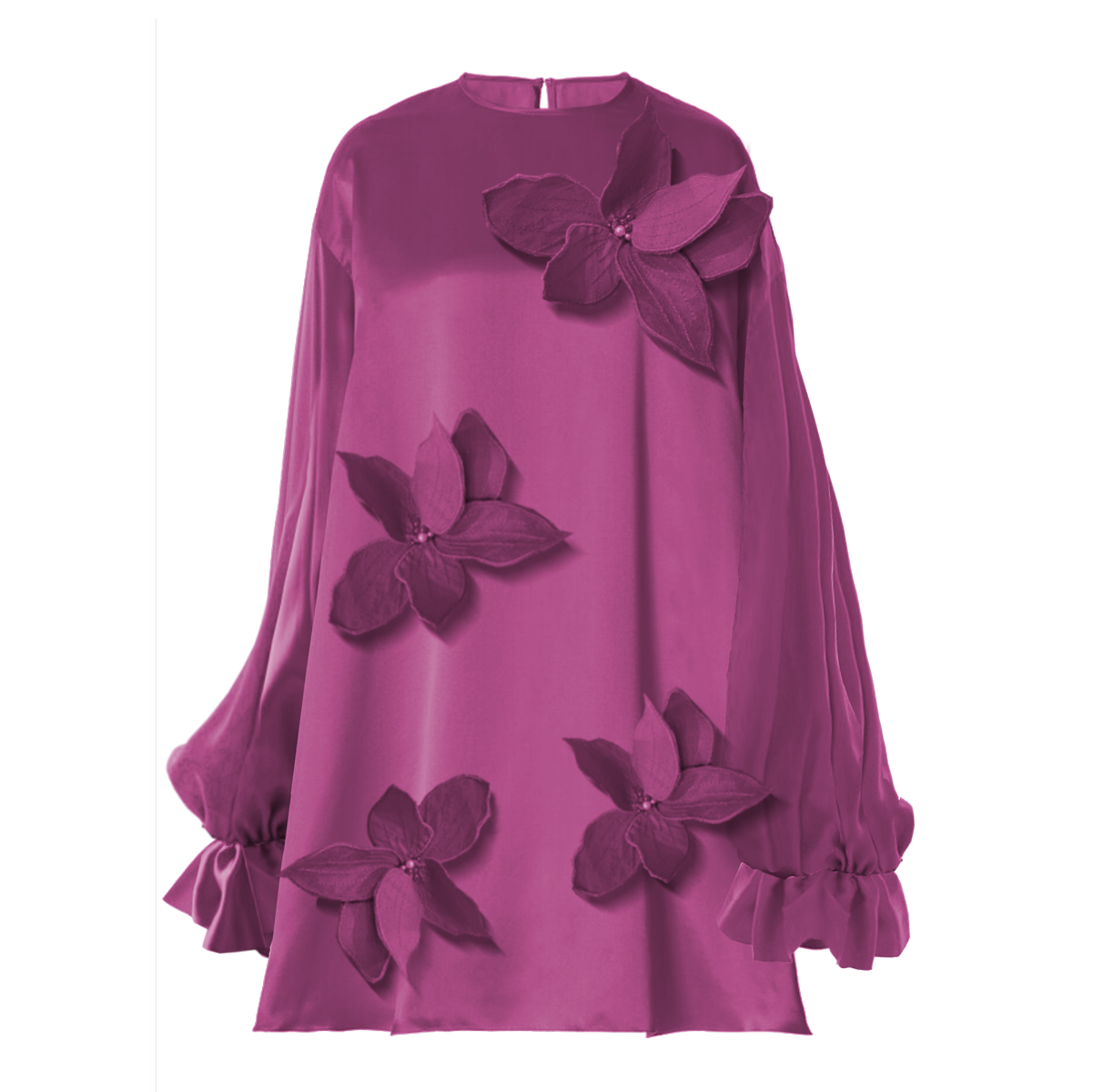 Purple dress with floral embellishments on a white background