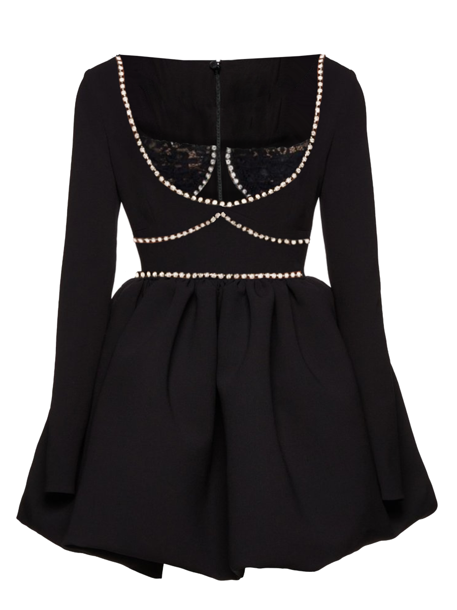 Black dress with lace detailing and pearl embellishments on a white background
