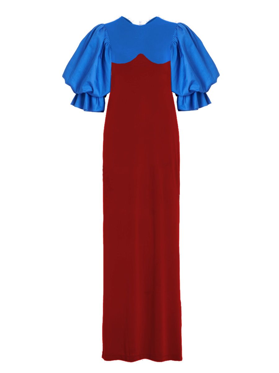 Long dress with blue top and red skirt on a white background