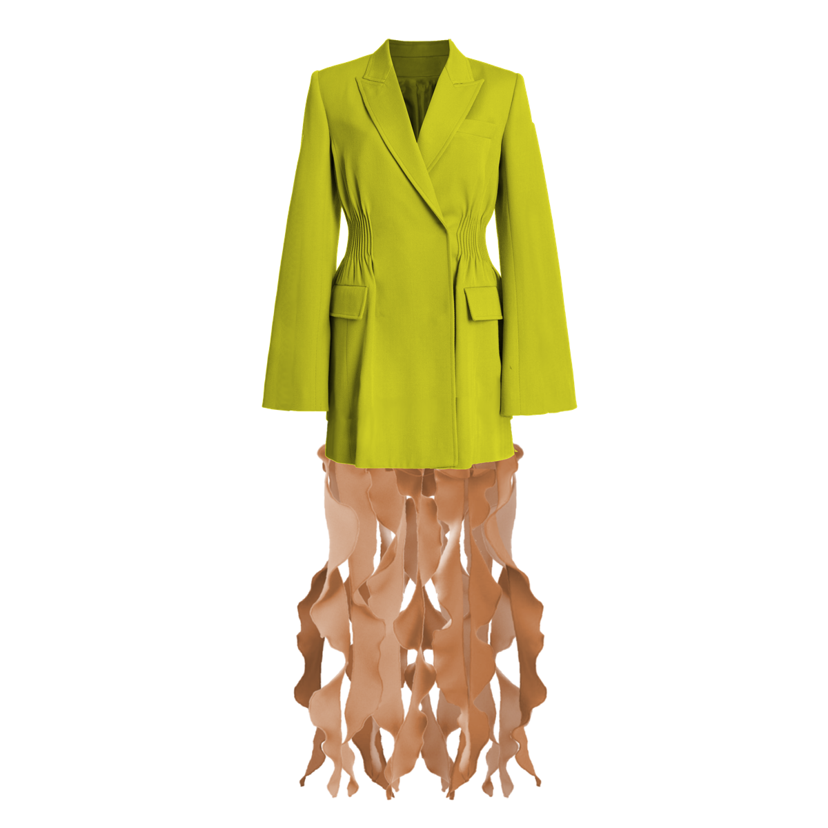 Green blazer and sheer skirt on a white background