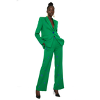 Person wearing a green suit with blue accents on a white background