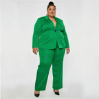 Person wearing a green suit with blue patterns on a white background
