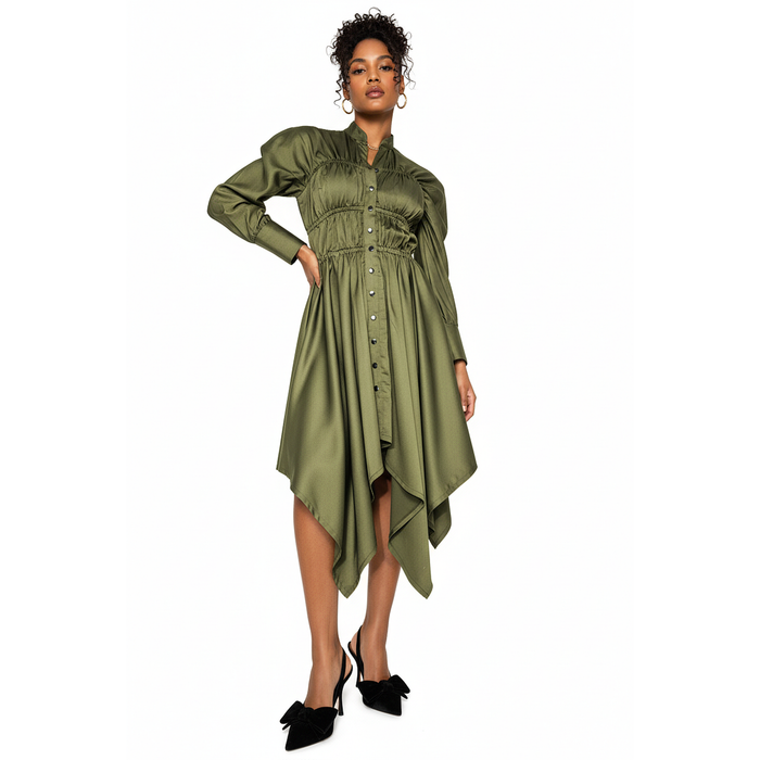 Abena Ruched Silk Shirt Dress — Olive Green & Burgundy