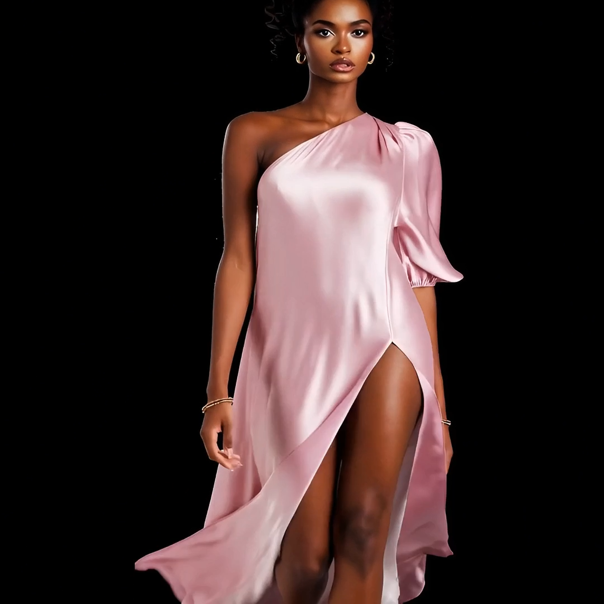Woman wearing a pink one-shoulder dress with a high slit on a black background