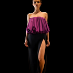 Model wearing a strapless purple top and black skirt with a high slit on a black background