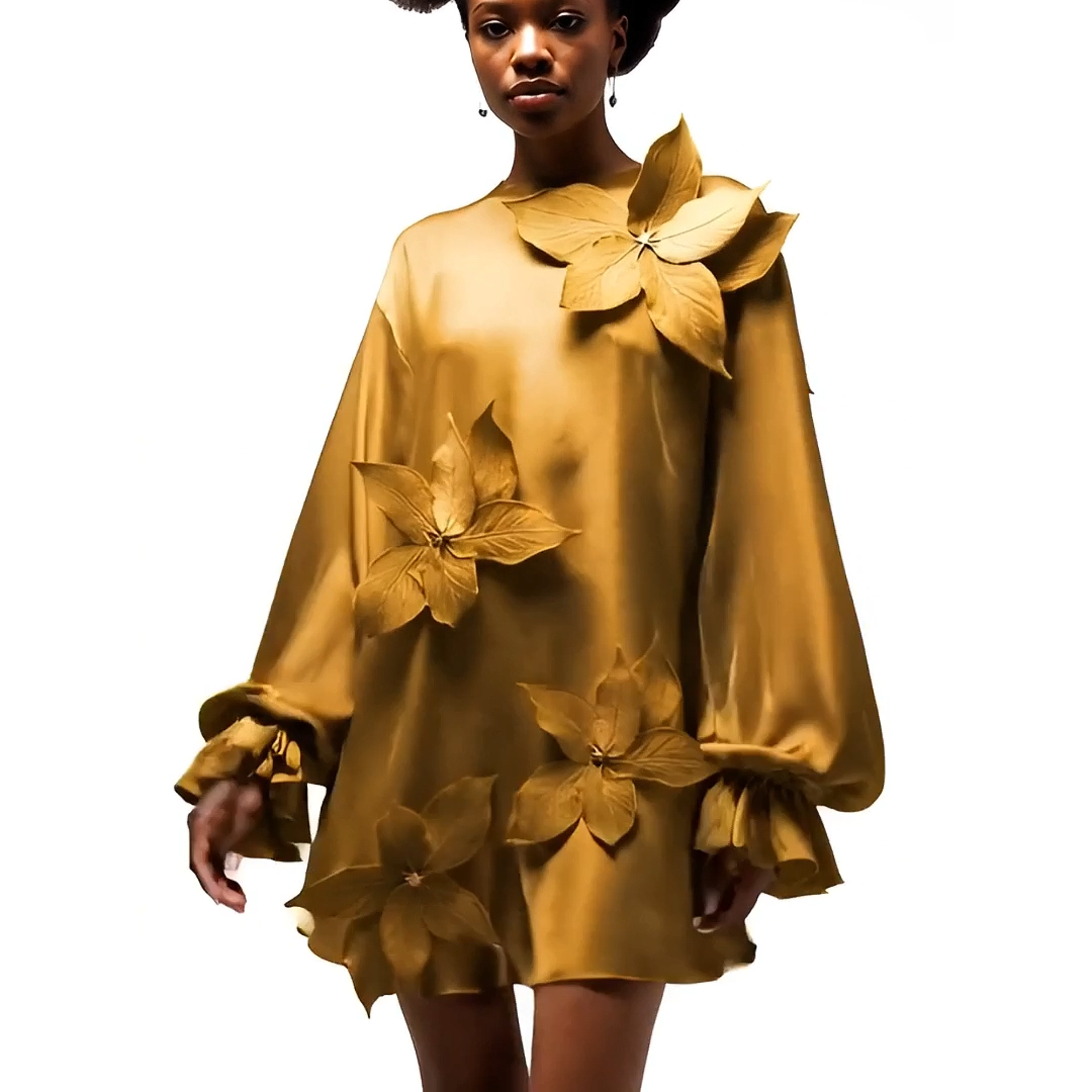Woman wearing a mustard yellow dress with floral embellishments on a white background