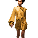 Woman wearing a mustard yellow dress with floral embellishments on a white background