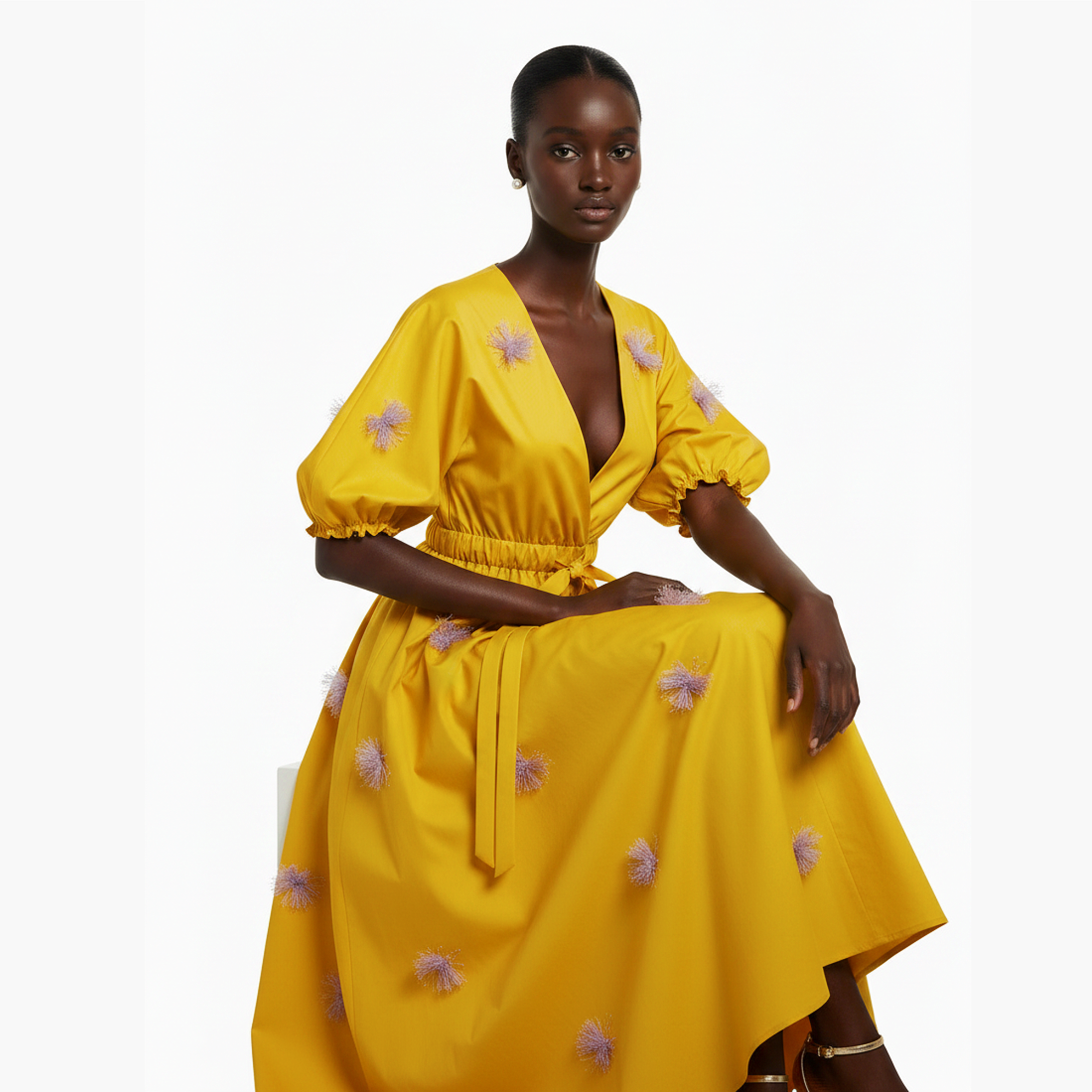 Woman wearing a yellow dress with floral embellishments on a white background