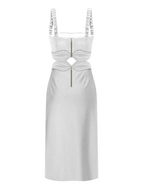White dress with cut-out design and thin straps on a white background