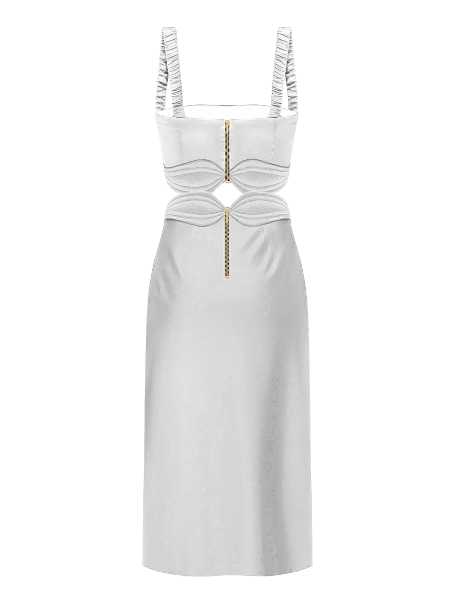 White dress with cut-out design and thin straps on a white background