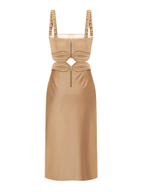 Beige dress with cut-out design on a white background