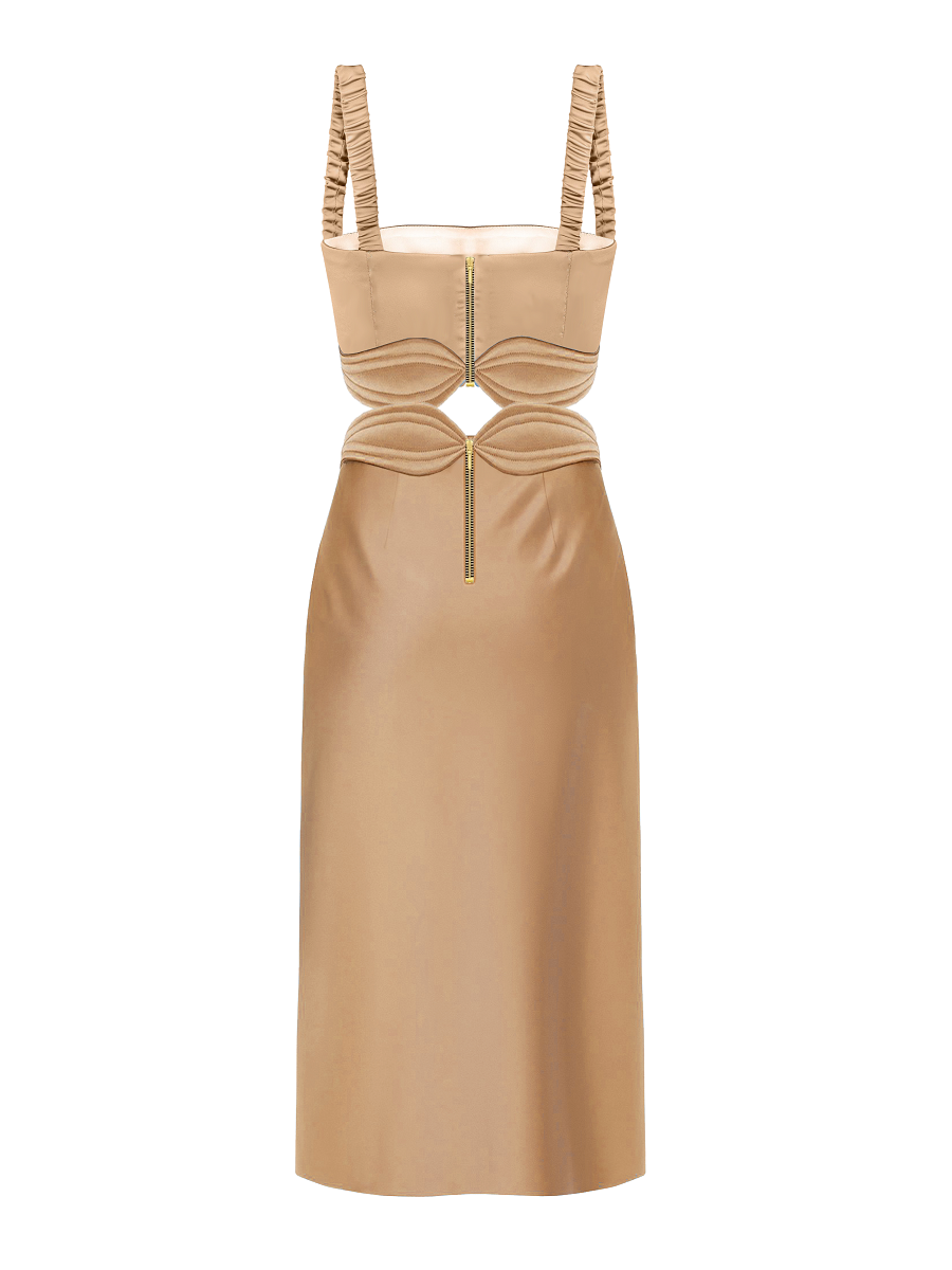 Beige dress with cut-out design on a white background